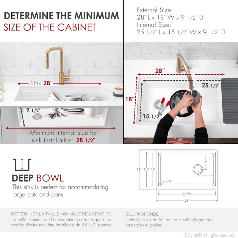 STYLISH Dual Mount 28" Single Bowl Composite Granite Kitchen Sink - 28" x 18" x 9.5"