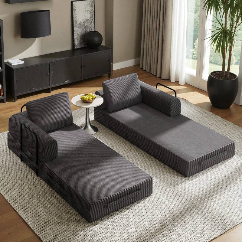 Convertible Corduroy Sleeper Sofa Bed, 3-Seat Folding Floor Couch with Cylindrical Pillow & Fixed-Shape Frame