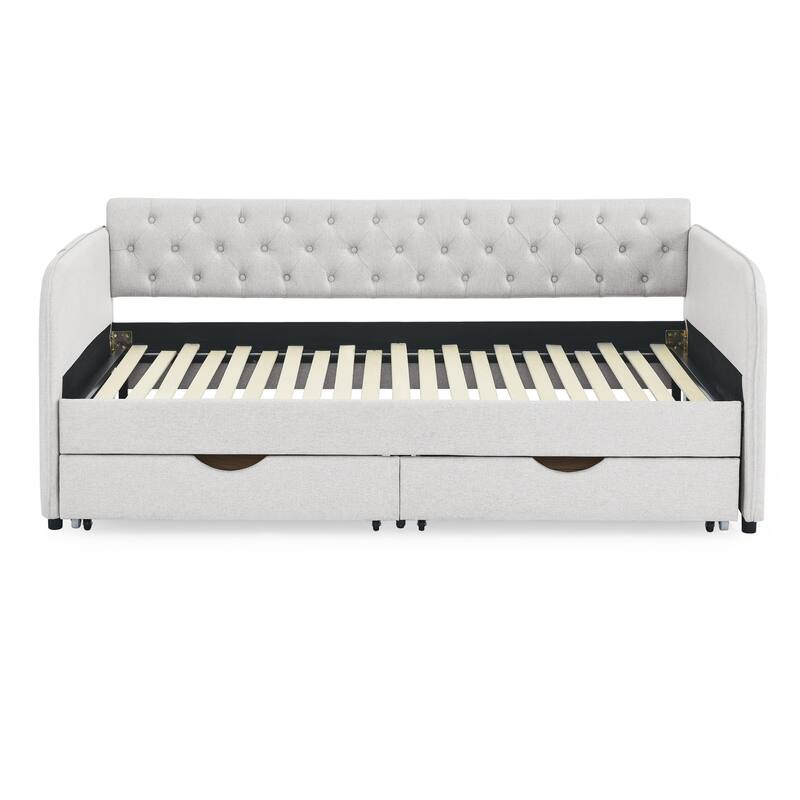 Twin Size Linen Extendable Upholstery Daybed w/ Trundle Bed Frame & 2 Storage Drawers for Bedroom Living Room