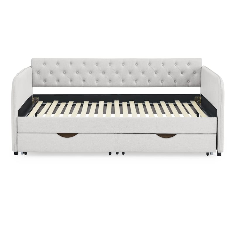Twin Size Upholstery Daybed with Trundle Bed and Two Storage Drawers