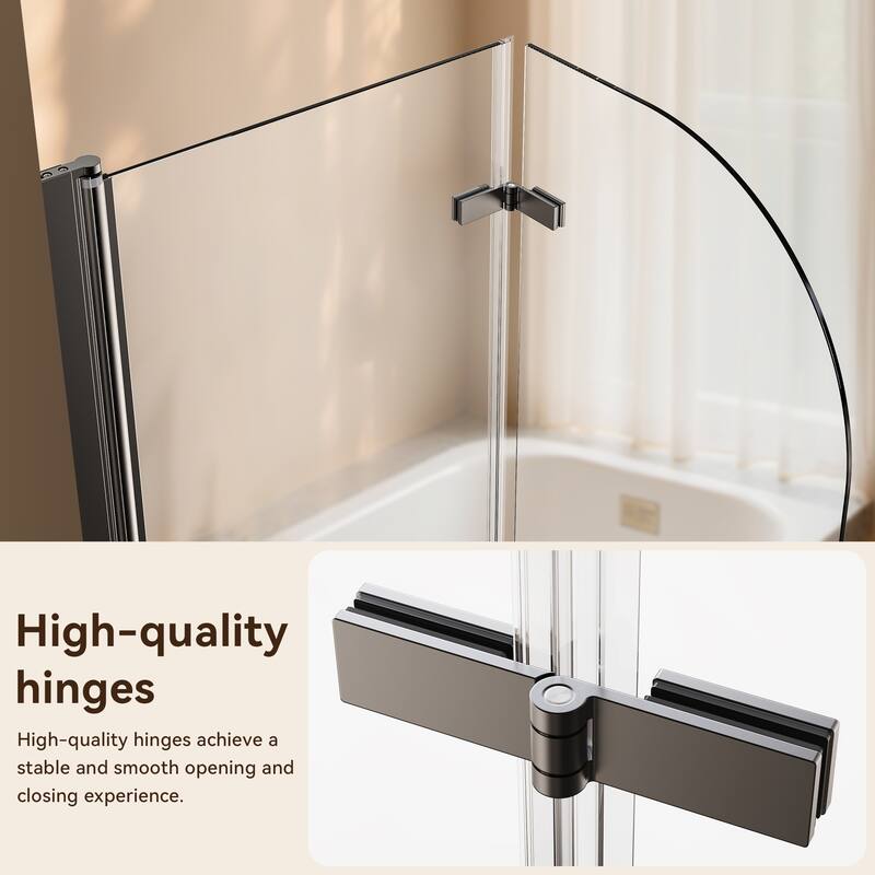 34" W x 58" H Frameless Folding Pivot Bathtub Shower Door, 1/4" Tempered Glass, Matte Black, Bifold Reversible Panel - 34x58"