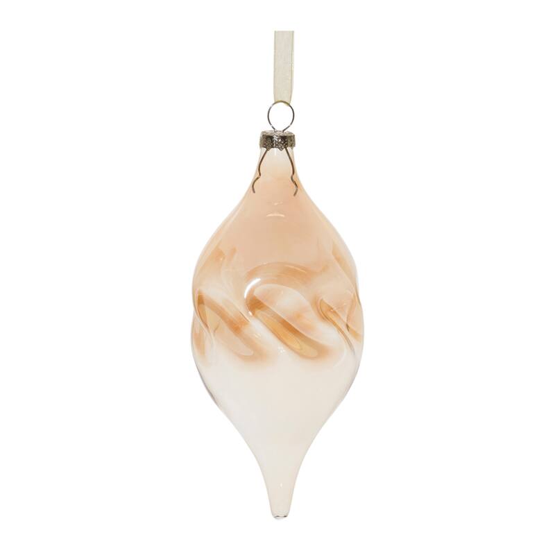 12 Glass Christmas Ornaments Set with Amber Ombre Wavy Design and Ribbon - 3.25" x 3.25" x 4.25
