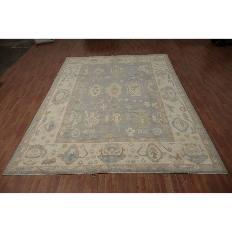 Hand Knotted Oriental 100% Wool Carpet Transitional All-Over Greys & Charcoal Oushak Area Rug - 13' 6'' X 9' 9''