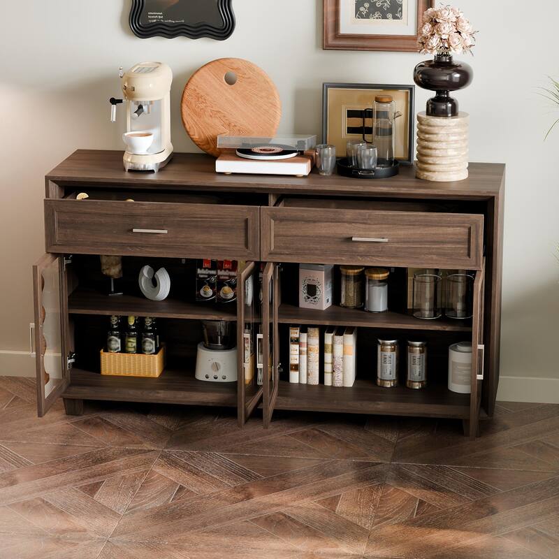 Glass Storage Cabinet with Doors,TV Stand for Living Room,Pantry,Brown/White