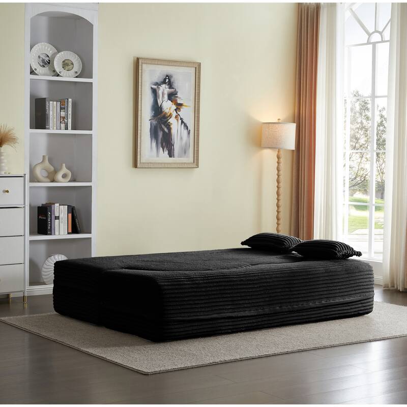 Floor Sofa With 2 Pillows,Convertible Plush Corduroy Foam-Filled Sleeper Sofa Bed,15" Full Size Folding Mattress,Guest Bed