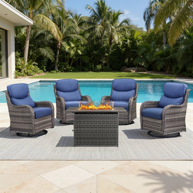 Meyreso 5-Piece Outdoor Patio Wicker Fire Pit 4 person Conversation Set with 5-Inch Thick Cushions