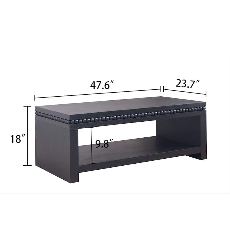 Rectangular Wood Coffee Table with Beaded Trim and Open Storage Shelf