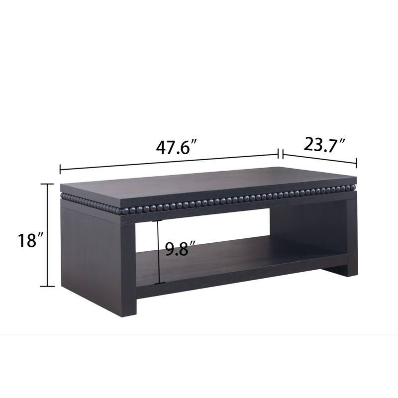 Roomfitters Modern Coffee Table with Beaded Trim, Rectangular Open Storage Shelf