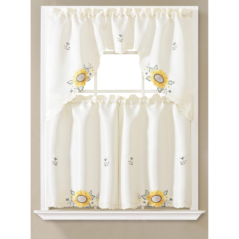 Daisy Floral Embroidered Kitchen Curtain Set with Valance & Tiers - Sunflower - Yellow