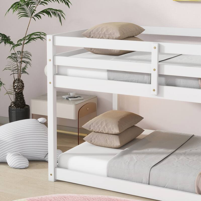 Wooden Twin over Twin Floor Bunk Bed with Ladder, with Bed Platform of Strengthened Slats