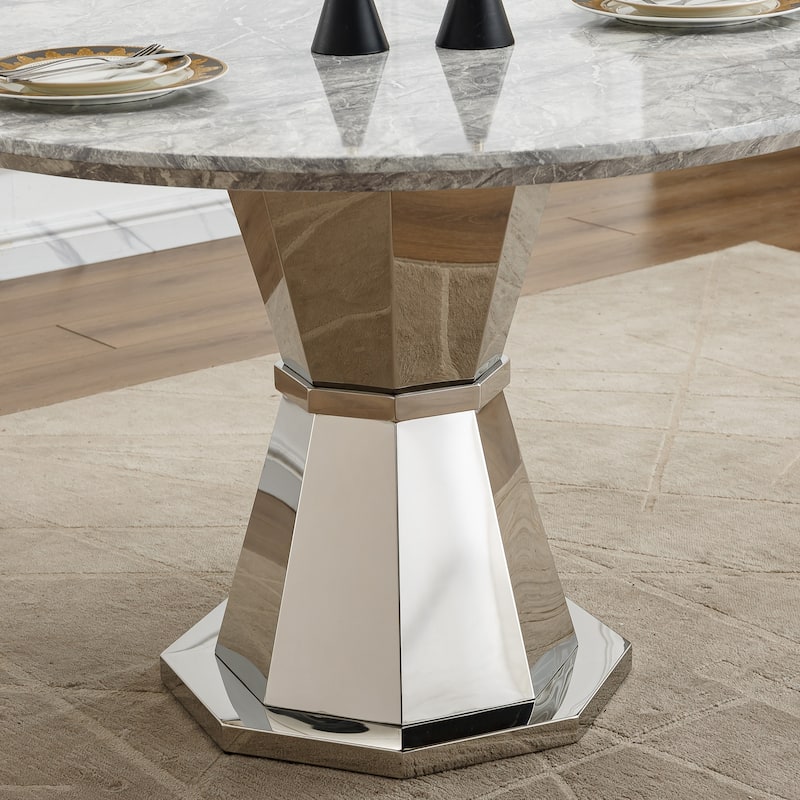 47" Round Dining Table with Faux Marble Tabletop and Stainless Steel Base - Gray+Silver