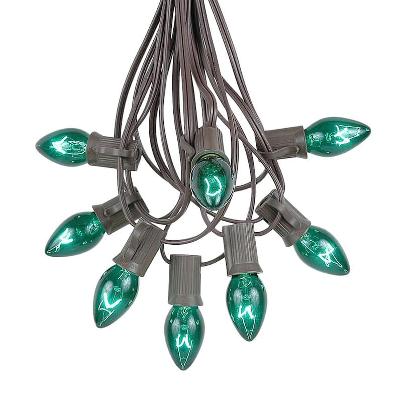 25 Foot C7 Christmas Light Set, Hanging Patio String Lights, Brown Wire - Green