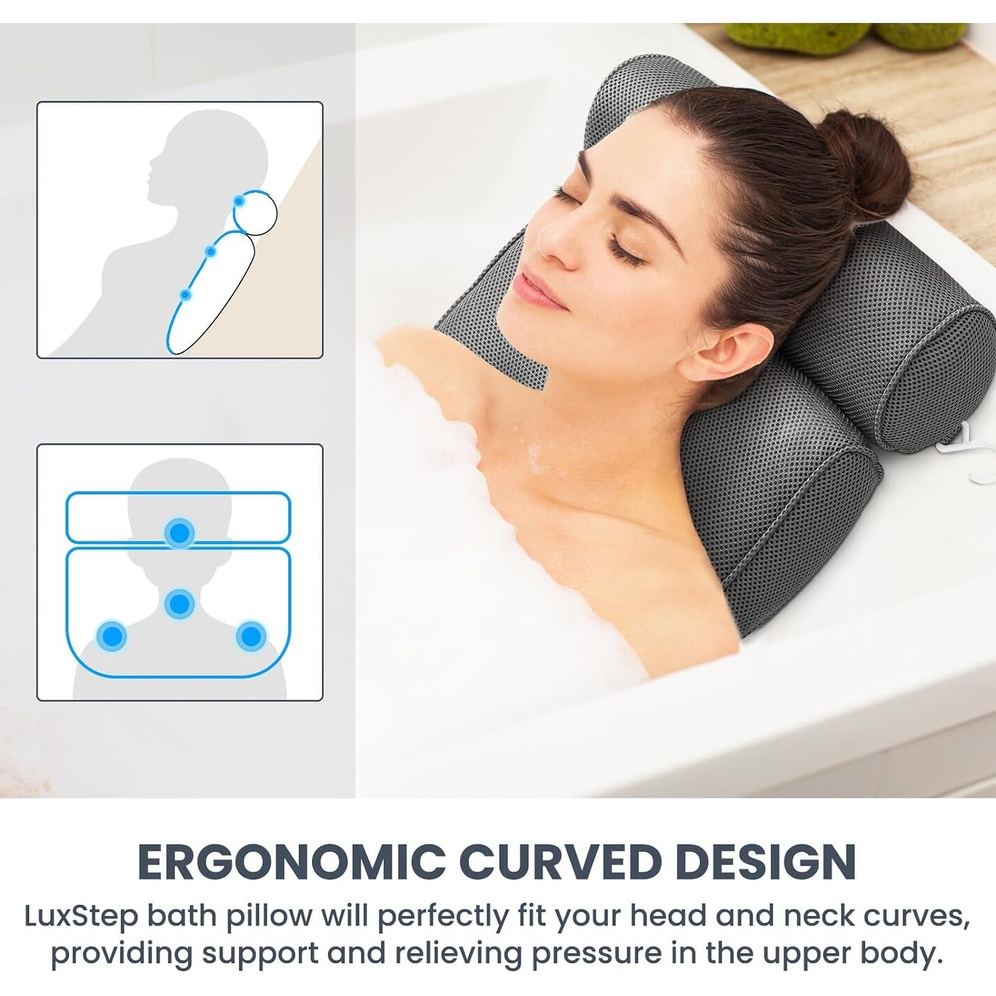 Bath Pillow Bathtub Pillow with 6 Non Slip Suction Cups for Head Neck and Back Support 15.35x14.56 Inch Blue 2
