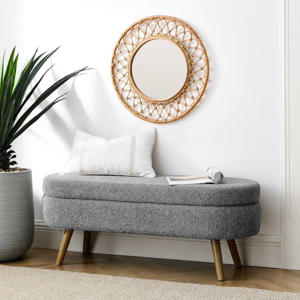 Grey Ottoman Oval Storage Bench,Rubber Wood Legs