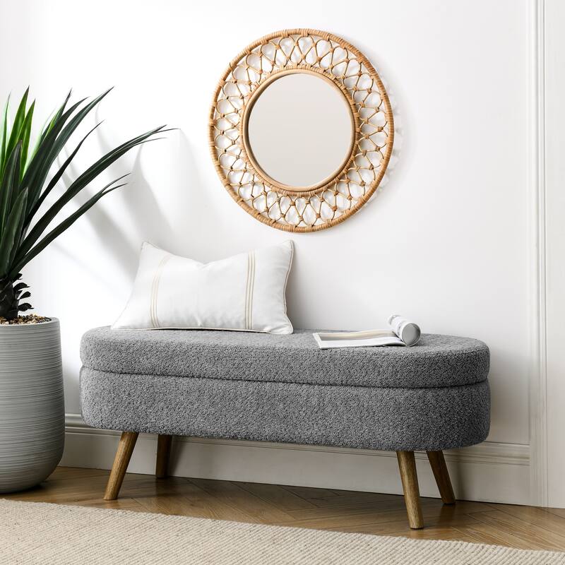 Oval Storage Ottoman Bench, Decorative End of Bed Bench 43.5 Inches Upholstered Storage Ottoman with Solid Wood Legs - Grey