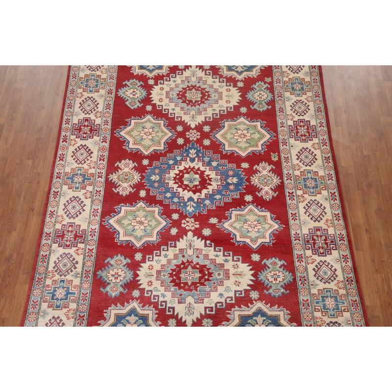 Hand Knotted Oriental 100% Wool Carpet Traditional Geometric Red Kazak Area Rug - 9' 9'' X 6' 7''