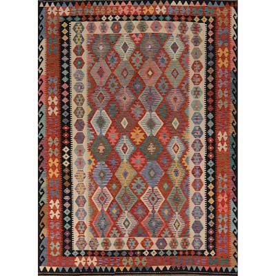 Kilim Oriental Area Rug Hand-Woven Orange Reversible Wool Carpet - 8'0"x 11'2"