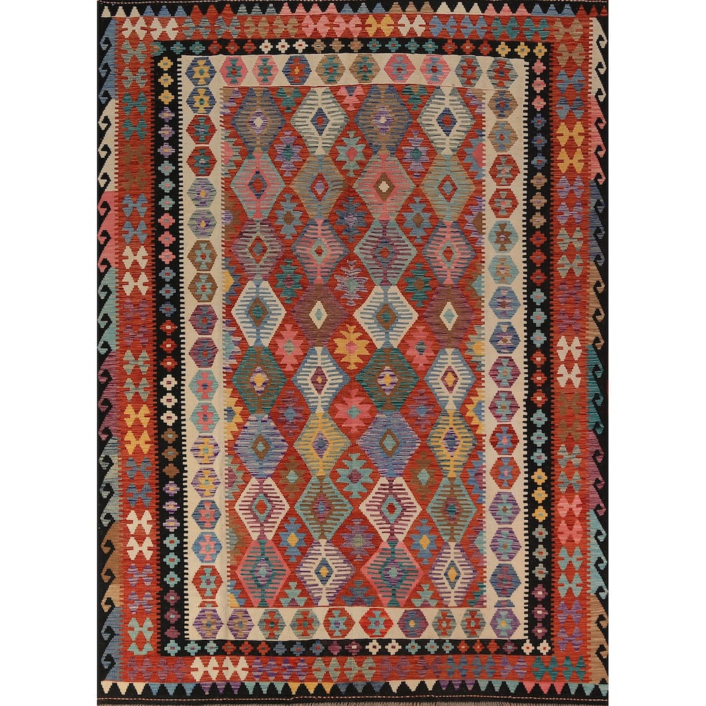 Kilim Oriental Area Rug Hand-Woven Orange Reversible Wool Carpet - 8'0"x 11'2"