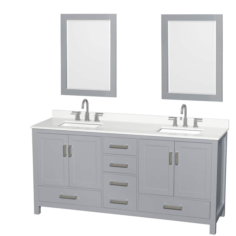 Sheffield 72-inch Double Vanity, 3 Hole Quartz Top, 24-inch Mirrors - Gray, Chrome Trim, White Quartz Top