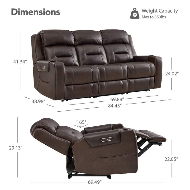 Spruce & Spring Genuine Leather Power Reclining Sofa with Wireless Charging