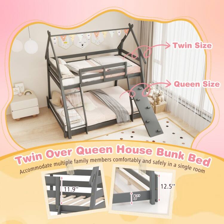 Twin Over Queen Bunk Bed Wooden Kids Bed with Climbing Nets and Ramp