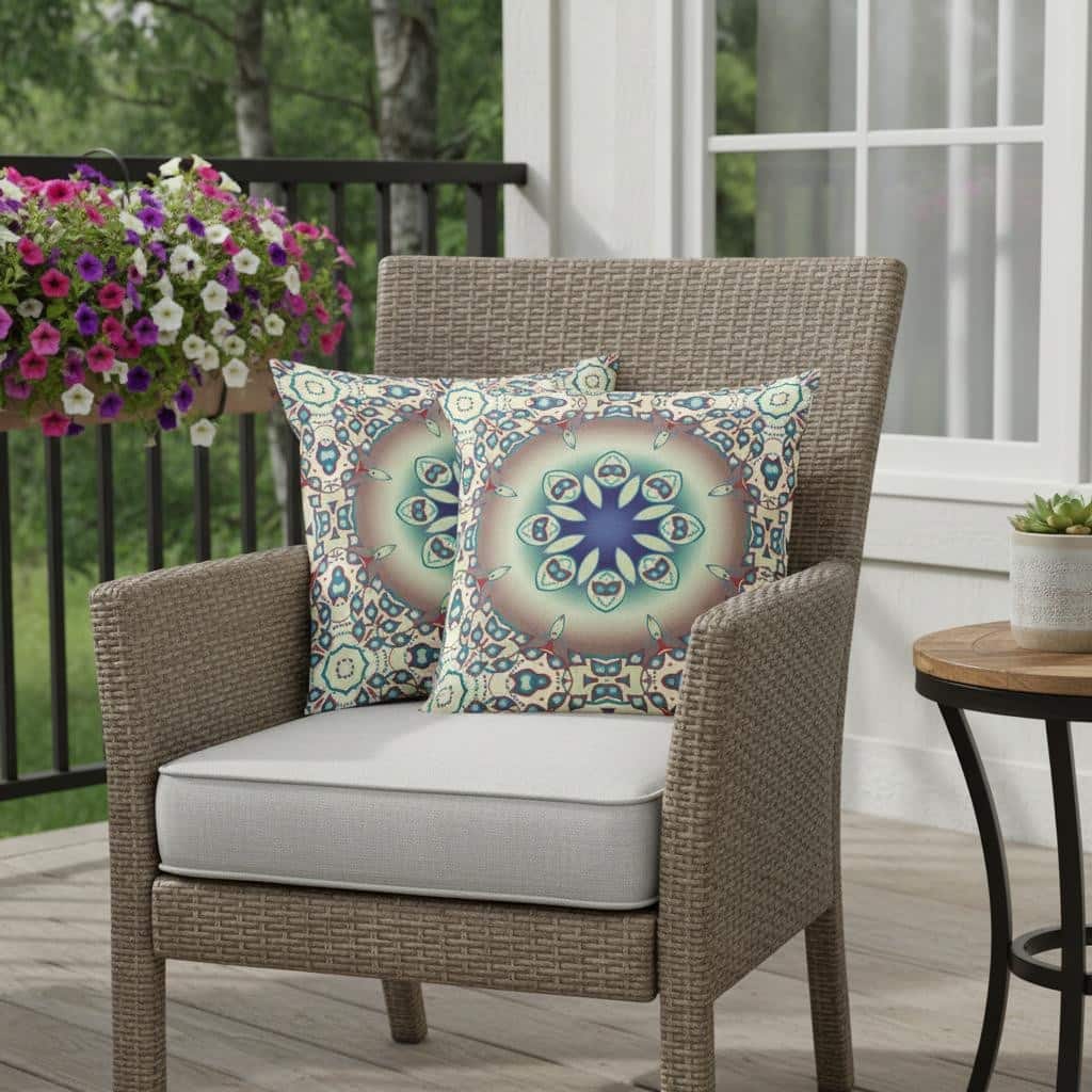 HomeRoots Set of Two 16" X 16" Beige and Blue Blown Seam Floral Indoor Outdoor Throw Pillow - 16.00' X '16.00' X '5.00