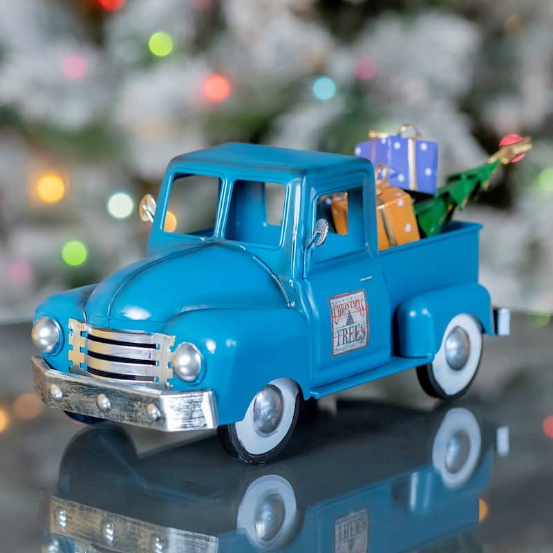 Metal Truck with Christmas Tree and Gifts in Blue - 13.5"x6"x6"