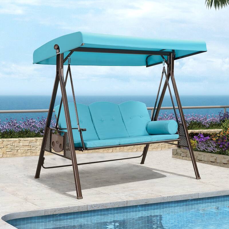 PURPLE LEAF Deluxe Outdoor Patio Porch Swing with Weather Resistant Steel Frame, Cushions and Pillow Included - 3 Seat - Turquoise Blue(V1)