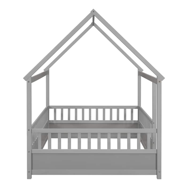 Grey Full Size Pine Wood Floor Bed with House Roof Frame