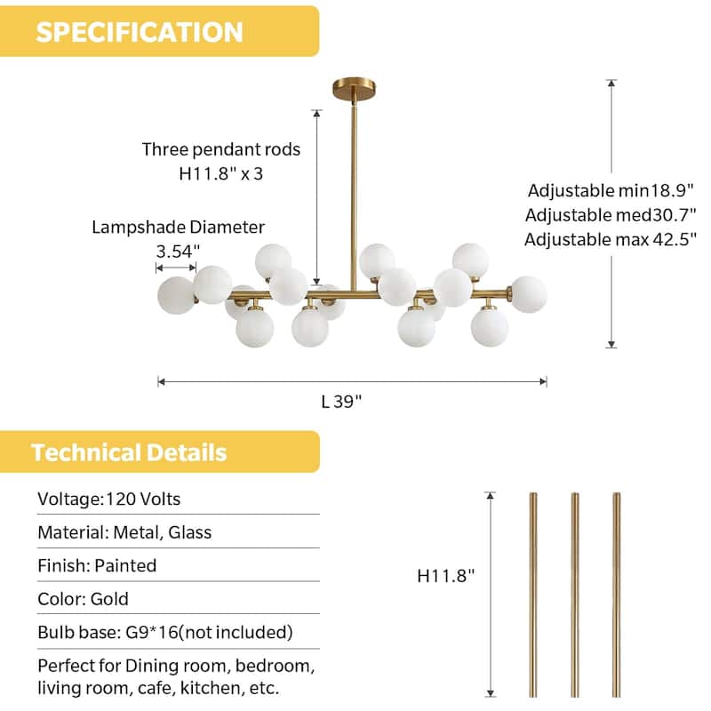 Post-Modern Gold Linear Rectangle Chandelier for Dining Room Kitchen Island -16 Lights