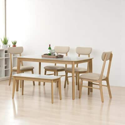 6-Piece Dining Table Set with Bench and 4 Upholstered Chairs, 60" Rectangular Rubberwood Table with PU Leather Seats