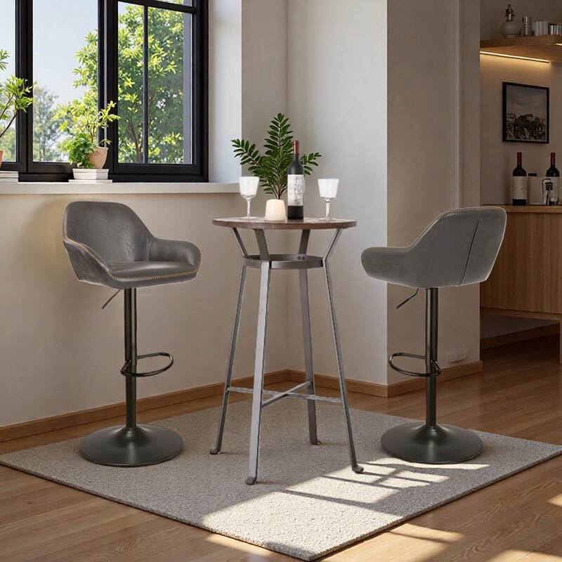 Glitzhome 41"H Round Wood Top High Pub Table with Gaslift Adjustable Swivel Bar Stools Set - 3PCS Brown Table & Grey Chairs