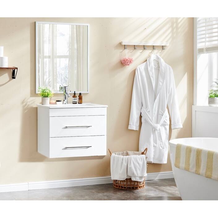 GDFStudio - 24-Inch Gloss Wall-Mounted Bathroom Vanity with Double Drawers Ceramic Sink, and Aluminium Frame