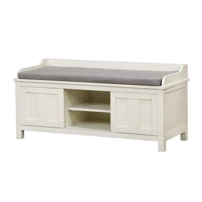 Wooden Storage Bench with Sliding Doors and Padded Seat,White and Gray