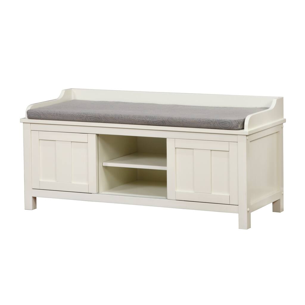 Wooden Storage Bench with Sliding Doors and Padded Seat,White and Gray