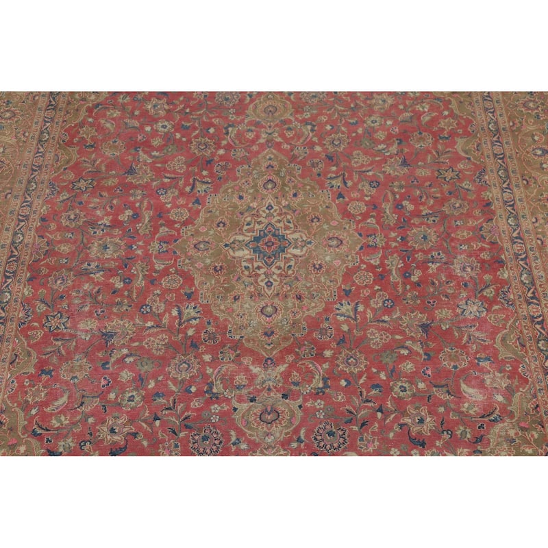 Traditional Pink Mashad Persian Vintage Rug Hand-Knotted Wool Carpet - 9'5"x 12'5"
