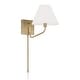 preview thumbnail 6 of 8, 8.5" W x 10.25" H 1-Light Swivel Armed Sconce with Tapered Fabric Shade with Optional Plug-in and Cord Cover Aged Brass