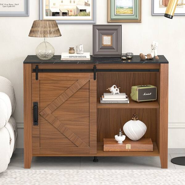 4-Drawer Dresser with Sliding Barn Doors, Sideboard Buffet, Metal Handles  for Dining Room, Living Room, Bedroom, Brown+Black - Bed Bath & Beyond -  42287548