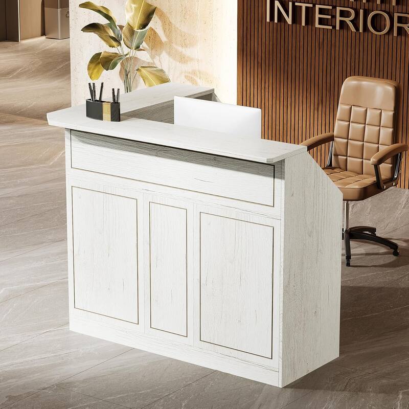 Reception Desk with Storage Shelves, L Shaped Modern Front Desk