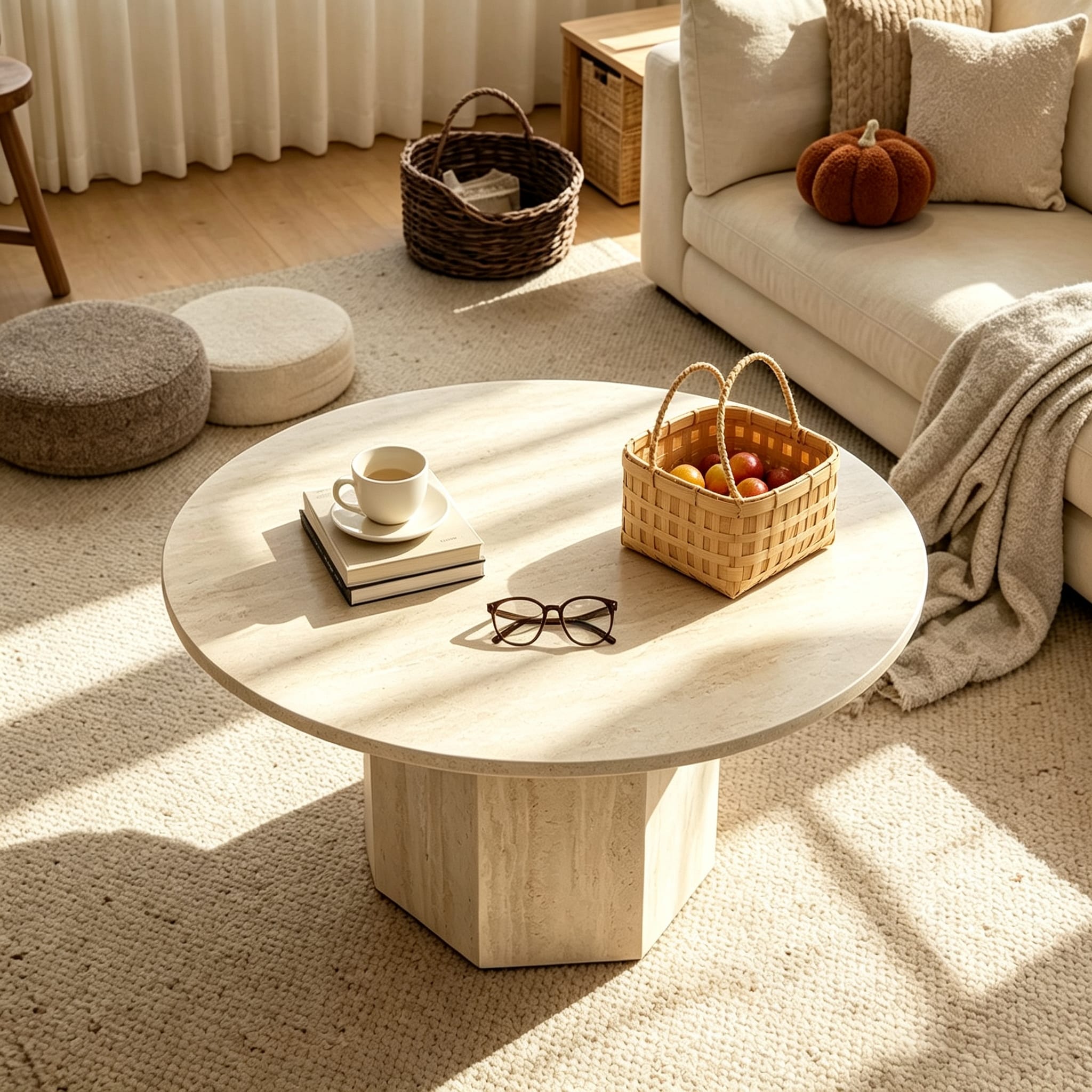 35" Mid-Century Round Wood Coffee Table with Natural Finish & Honeycomb Stable Base