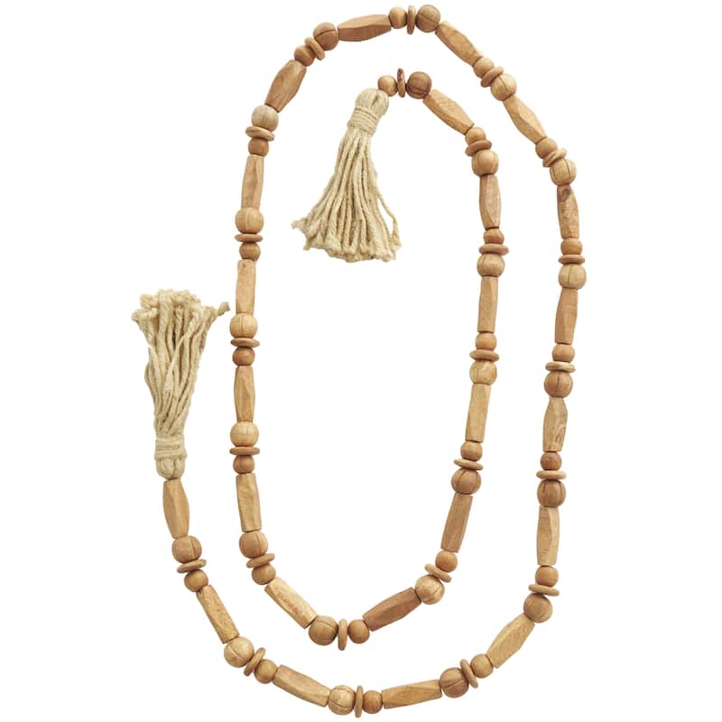 Mango Wood Handmade Rectangle Carved Geometric Long Beaded Garland with Tassel - Brown - Roche River Decor