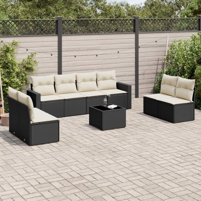 vidaXL Garden Sofa Set 9 Piece with Cushions Outdoor Sofa Couch Poly Rattan - Black and Cream With table - 21.7 x 21.7 x 14.6 in (W x L x H)