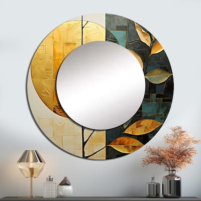 Designart "Golden Geometry Leaves Foliage I" Leaves Round Bathroom Mirror - Gold Traditional Round Wall Décor