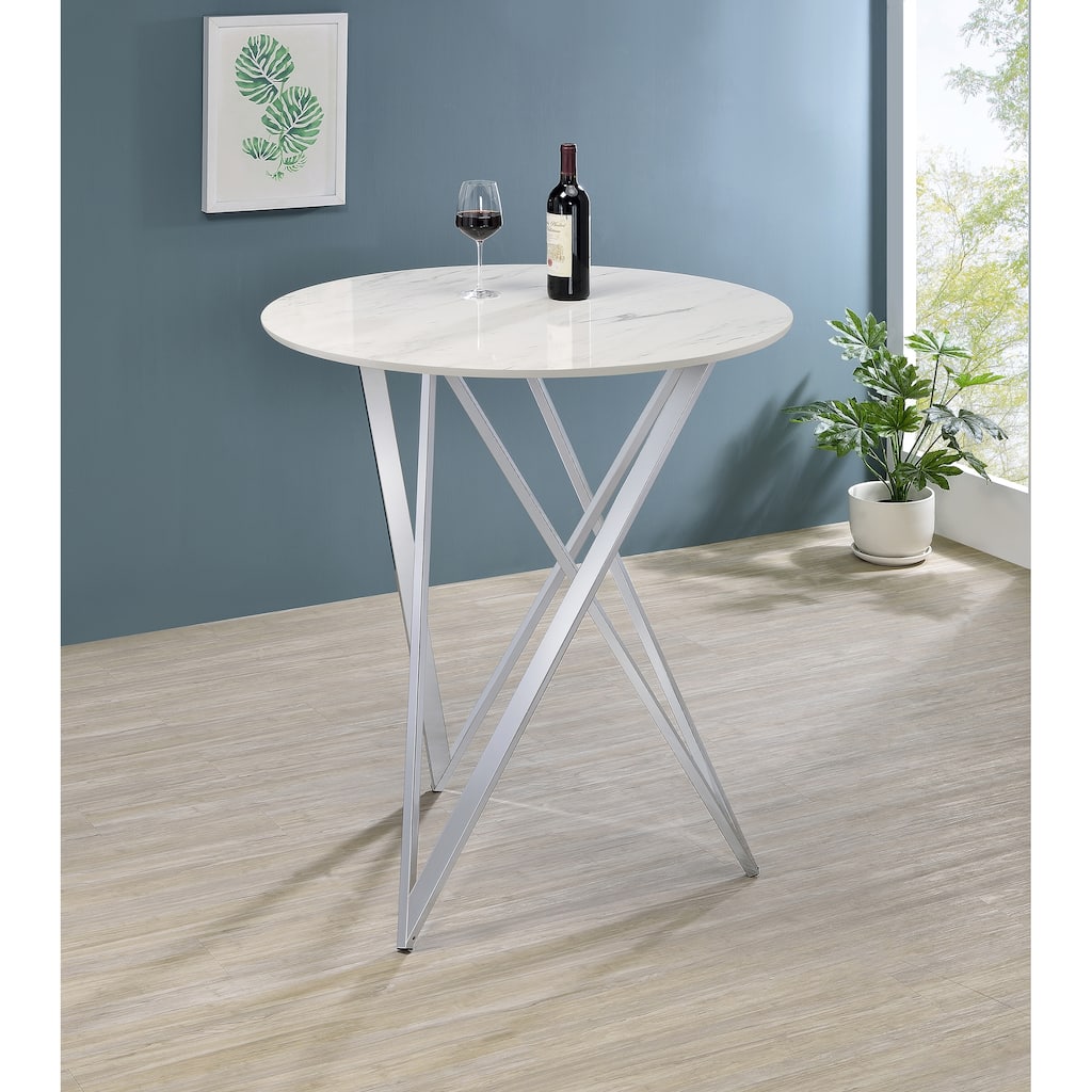 Halverson White and Chrome Faux Marble Round Top Bar Table