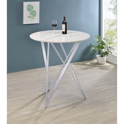 Halverson White and Chrome Faux Marble Round Top Bar Table