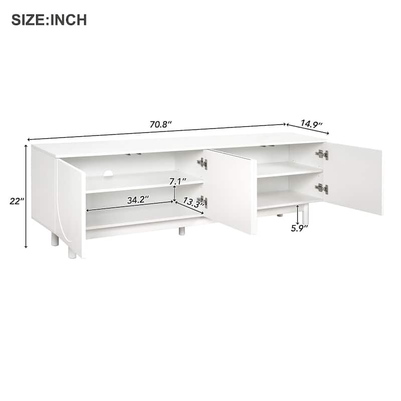 White 70.8" TV Stand with Solid Wood Legs, Arch Cabinets and Adjustable Shelves for TVs Up to 78"