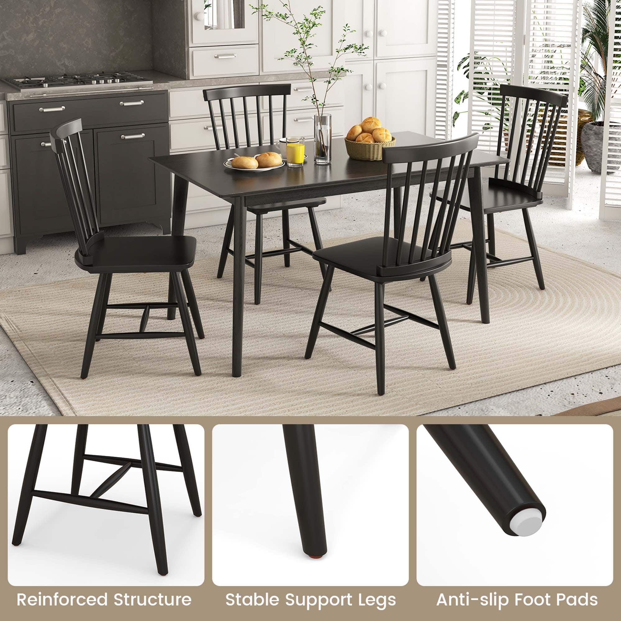 2 PCS Windsor Dining Chairs Armless Spindle Back Wood Black/Natural ...