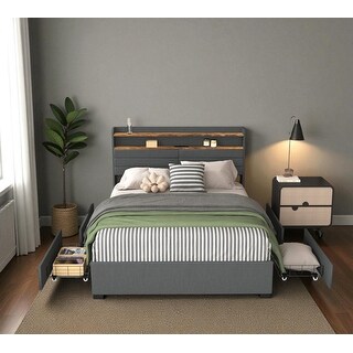Queen Bed Frame with LED Headboard, Charging Station, 4 Storage Drawers ...
