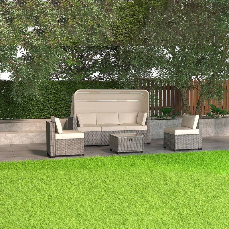 6 Piece Patio Sectional Sofa Set, PE Rattan Daybed with Retractable Canopy, Patio Lounge Set with Adjustable Backrests