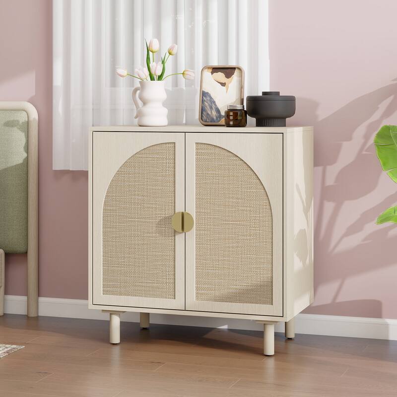 Rattan Decorative Cabinet Dining Cabinet with Semicircular Metal Handles, Rustic Credenza Console Cabinet - Natural